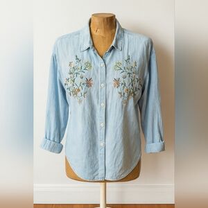 Floral Embroidered Denim Chambray Shirt